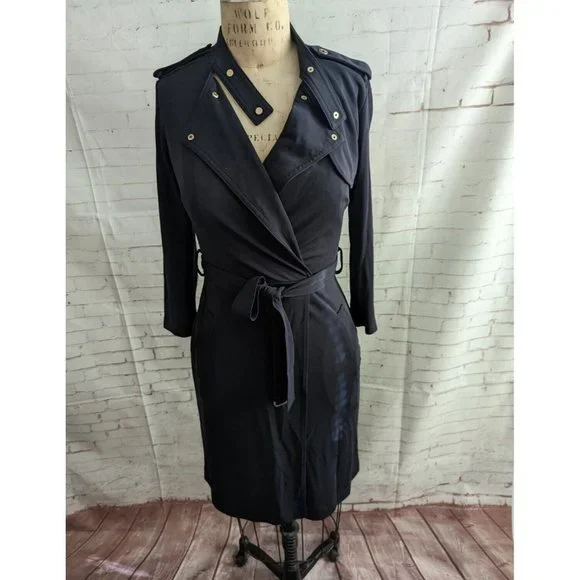 Ann Taylor Womens Dress Size 0 XS Trench Military Inspired Faux Wrap Black Navy - Picture 2 of 13